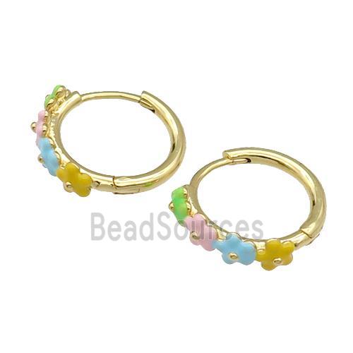 copper Hoop Earrings flower multicolor enamel gold plated