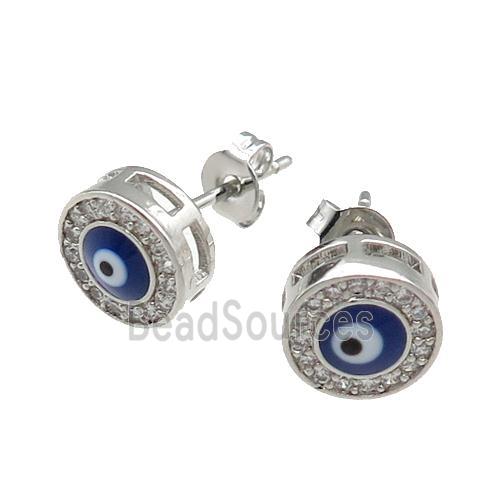 copper Evil Eye Stud Earring pave zircon blue enamel platinum plated