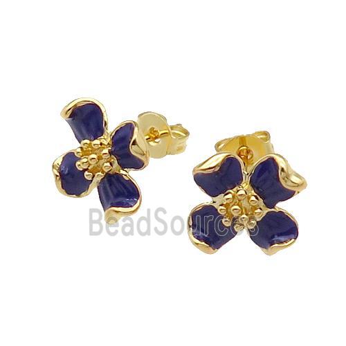 copper Flower Stud Earring with royalblue enamel gold plated