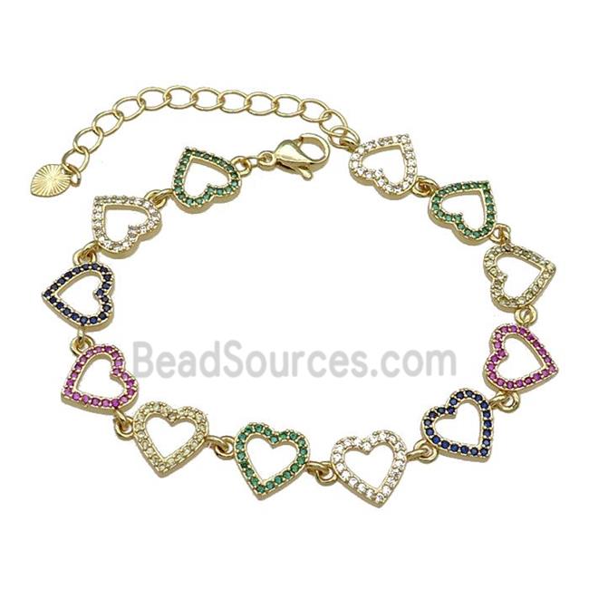 Copper Heart Bracelet Pave Multicolor Zircon Gold Plated