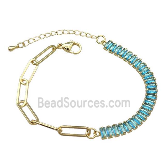 Copper Bracelet Pave Aqua Zircon Gold Plated