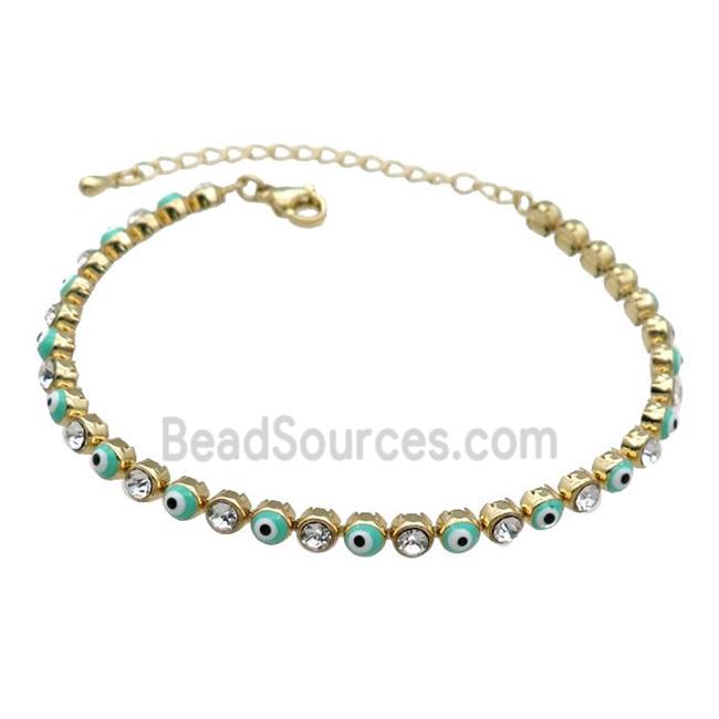 Copper Green Enamel Evil Eye Bracelet Pave Zircon Gold Plated