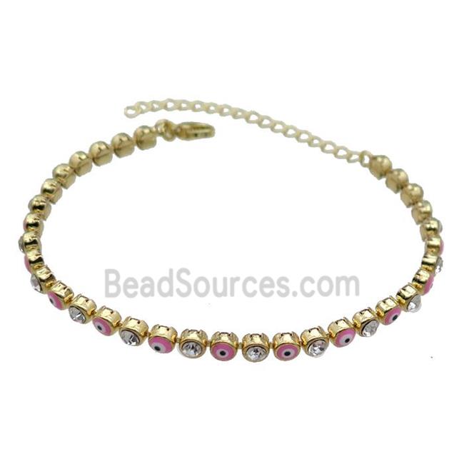 Copper Pink Enamel Evil Eye Bracelet Pave Zircon Gold Plated