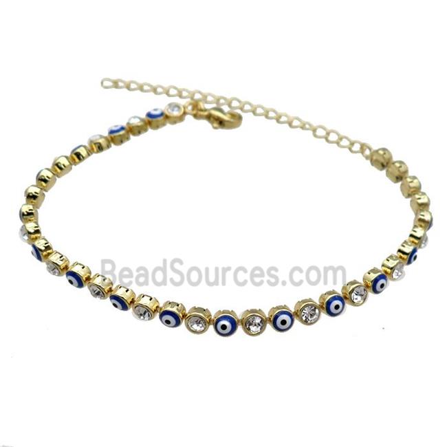 Copper Blue Enamel Evil Eye Bracelet Pave Zircon Gold Plated