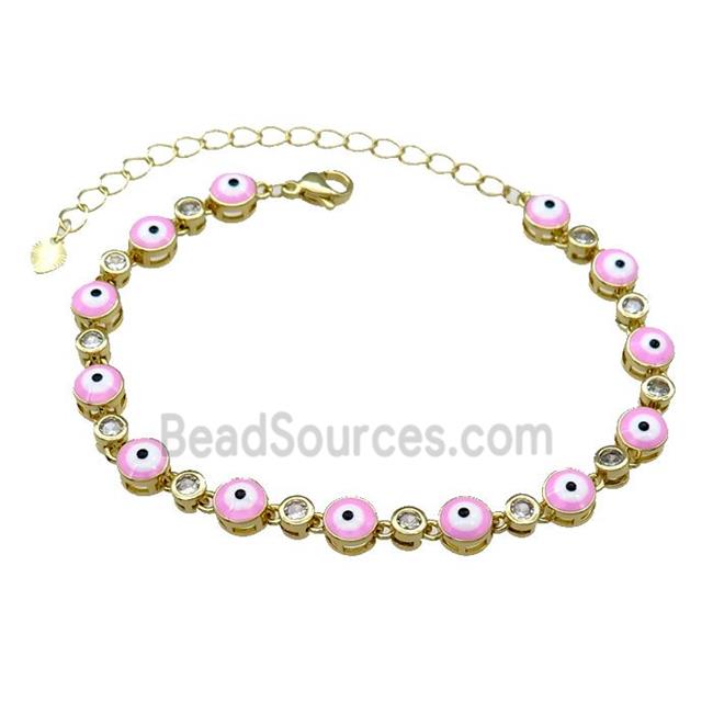 Copper Pink Enamel Evil Eye Bracelet Pave Zircon Gold Plated