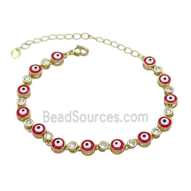 Copper Red Enamel Evil Eye Bracelet Pave Zircon Gold Plated