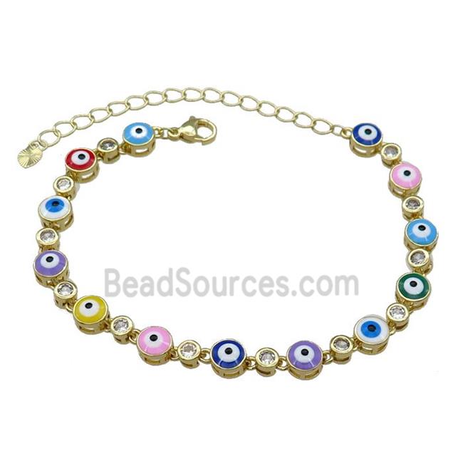 Copper Multicolor Enamel Evil Eye Bracelet Pave Zircon Gold Plated