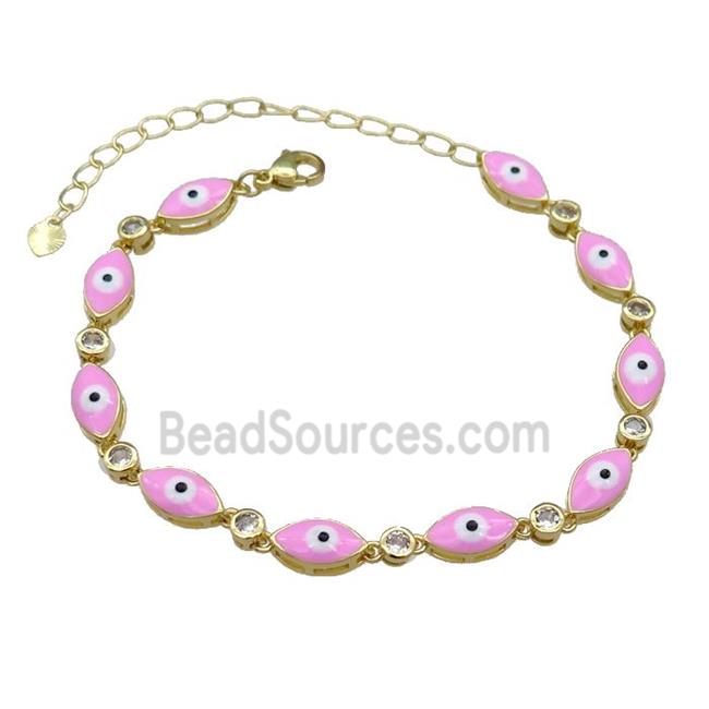 Copper Pink Enamel Evil Eye Bracelet Pave Zircon Gold Plated