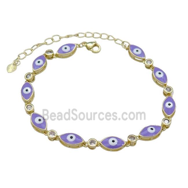 Copper Lavender Enamel Evil Eye Bracelet Pave Zircon Gold Plated