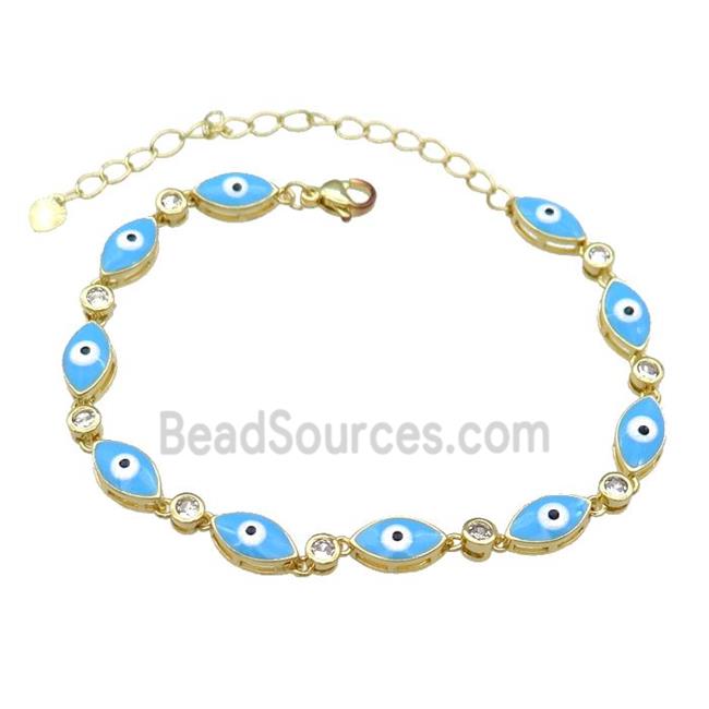 Copper Blue Enamel Evil Eye Bracelet Pave Zircon Gold Plated