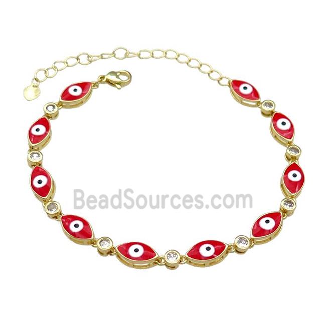 Copper Red Enamel Evil Eye Bracelet Pave Zircon Gold Plated