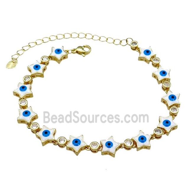 Copper Star White Enamel Evil Eye Bracelet Pave Zircon Gold Plated