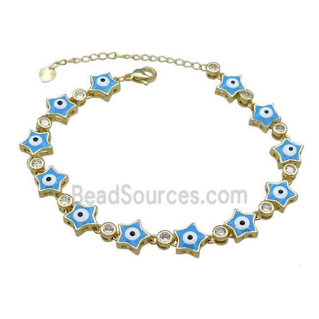 Copper Star Blue Enamel Evil Eye Bracelet Pave Zircon Gold Plated