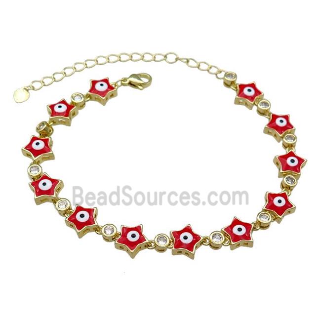 Copper Star Red Enamel Evil Eye Bracelet Pave Zircon Gold Plated