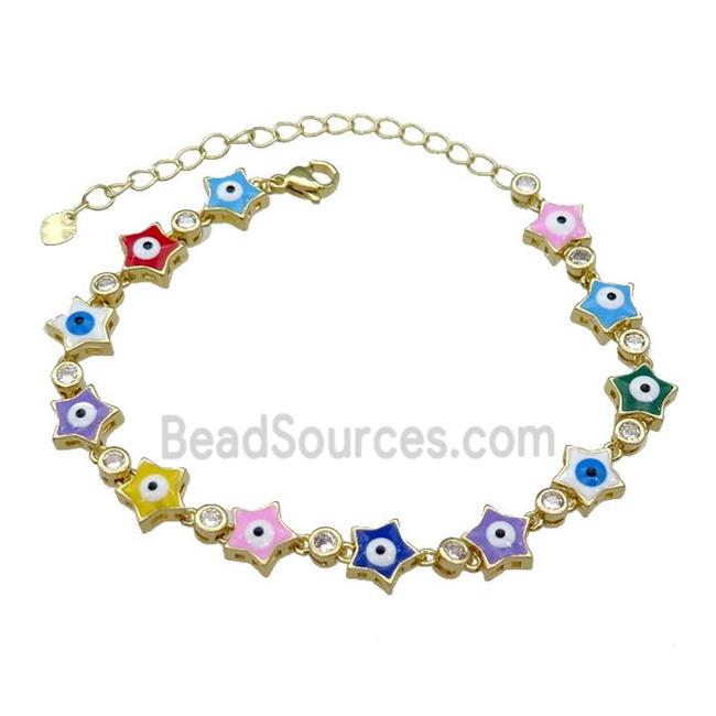 Copper Star Evil Eye Bracelet Pave Zircon Multicolor Enamel Gold Plated