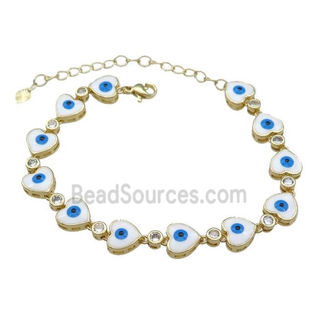 Copper Heart White Enamel Evil Eye Bracelet Pave Zircon Gold Plated