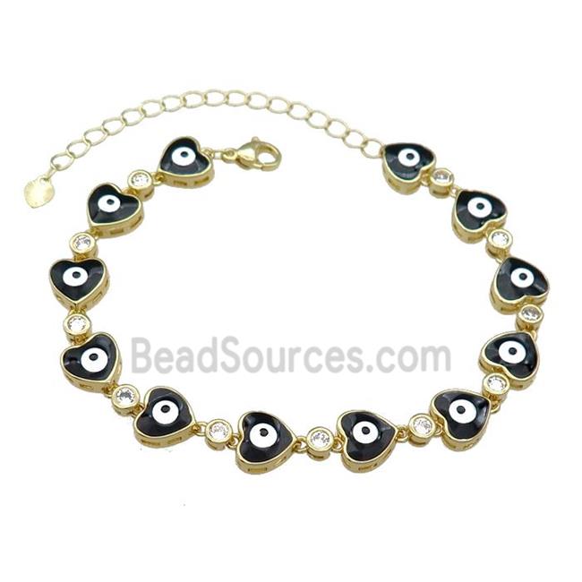 Copper Heart Black Enamel Evil Eye Bracelet Pave Zircon Gold Plated