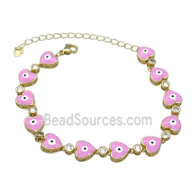 Copper Heart Pink Enamel Evil Eye Bracelet Pave Zircon Gold Plated