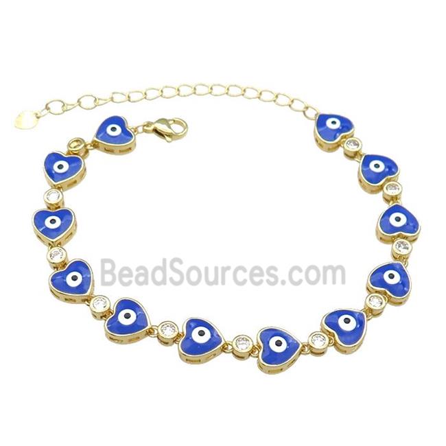 Copper Heart Blue Enamel Evil Eye Bracelet Pave Zircon Gold Plated