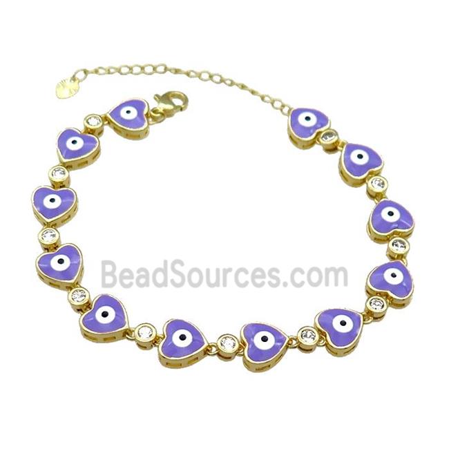 Copper Heart Lavender Enamel Evil Eye Bracelet Pave Zircon Gold Plated