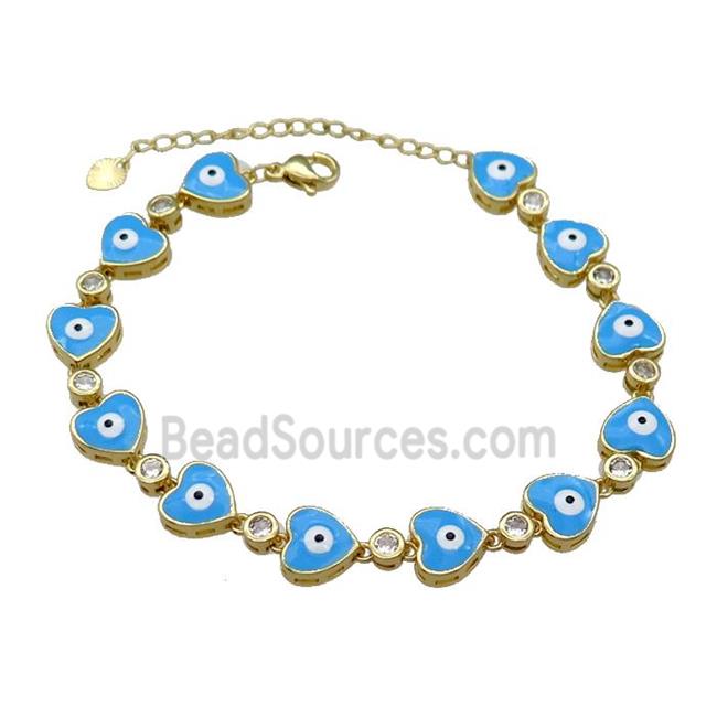 Copper Heart Blue Enamel Evil Eye Bracelet Pave Zircon Gold Plated