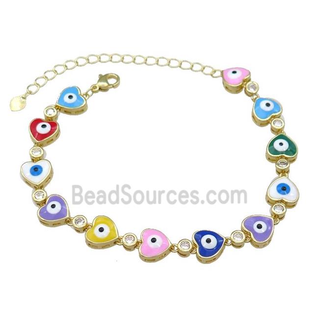 Copper Heart Multicolor Enamel Evil Eye Bracelet Pave Zircon Gold Plated