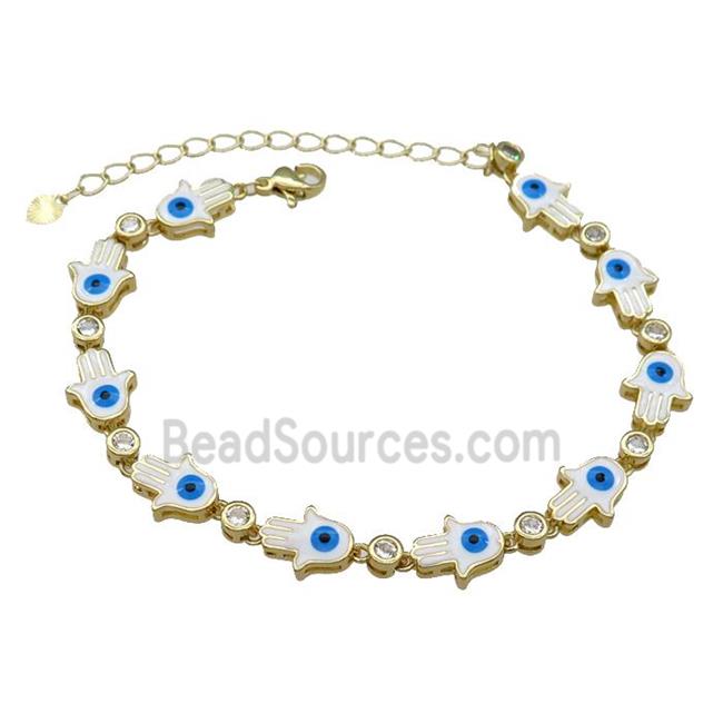 Copper HamsaHand White Enamel Evil Eye Bracelet Pave Zircon Gold Plated