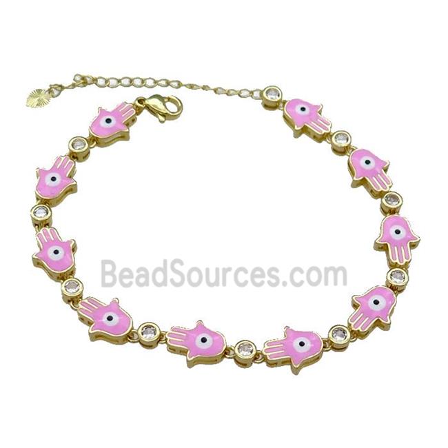 Copper HamsaHand Pink Enamel Evil Eye Bracelet Pave Zircon Gold Plated