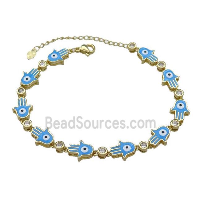 Copper HamsaHand Blue Enamel Evil Eye Bracelet Pave Zircon Gold Plated