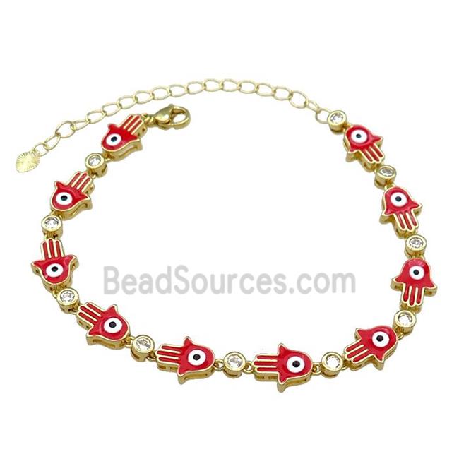 Copper HamsaHand Red Enamel Evil Eye Bracelet Pave Zircon Gold Plated