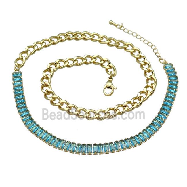 Copper Necklace Pave Aqua Zircon Gold Plated