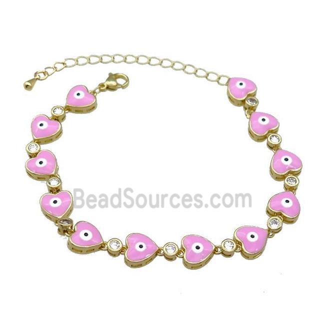 Copper Heart Bracelet Evil Eye Pink Enamel Gold Plated