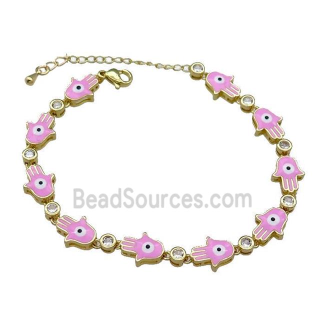 Copper Hamsahand Bracelet Evil Eye Pink Enamel Gold Plated