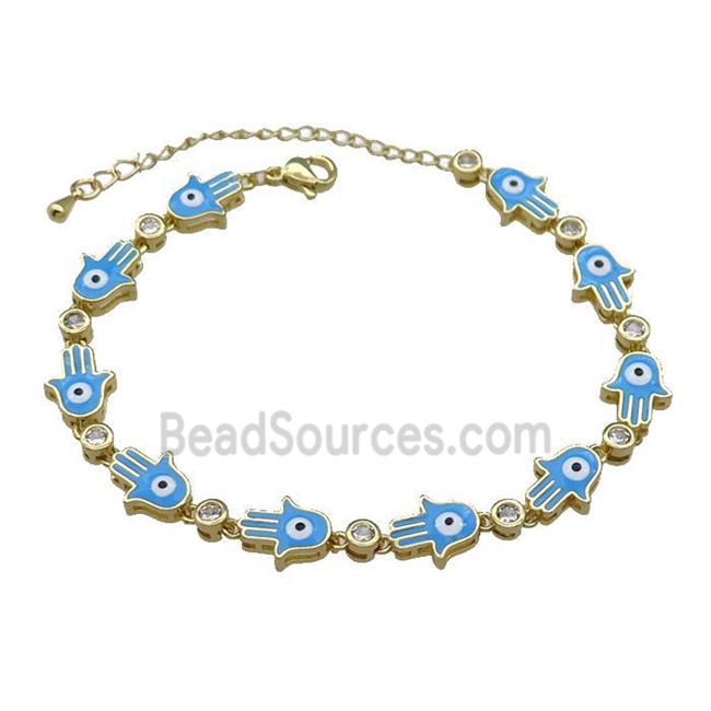 Copper Hamsahand Bracelet Evil Eye Blue Enamel Gold Plated