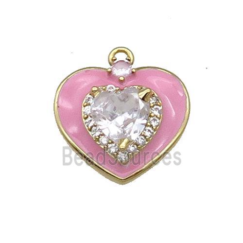 Copper Heart Pendant Pave Zircon Pink Enamel Gold Plated