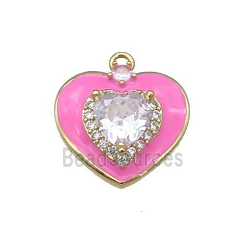 Copper Heart Pendant Pave Zircon Hotpink Enamel Gold Plated