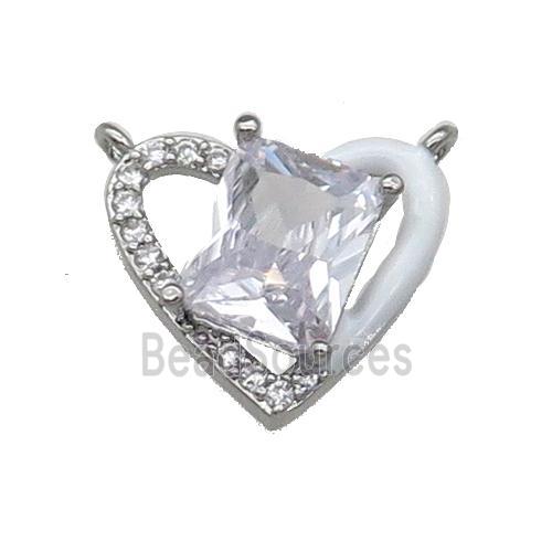 Copper Heart Pendant Pave Zircon With 2loops White Enamel Platinum Plated