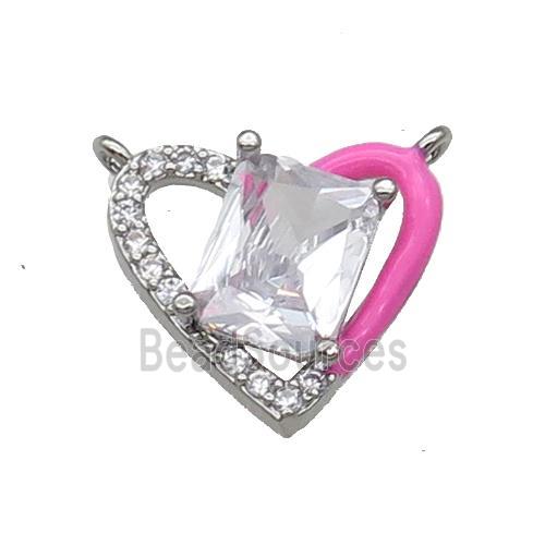 Copper Heart Pendant Pave Zircon DeepPink Enamel Platinum Plated