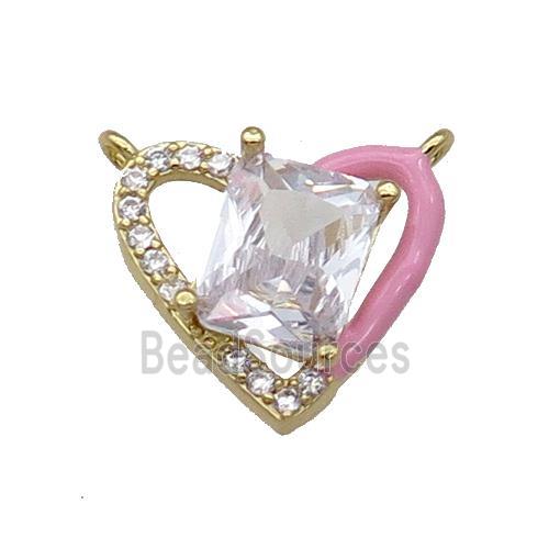 Copper Heart Pendant Pave Zircon Pink Enamel Gold Plated