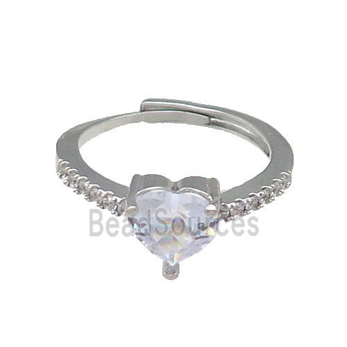 Copper Heart Ring Pave Zircon Adjustable Platinum Plated