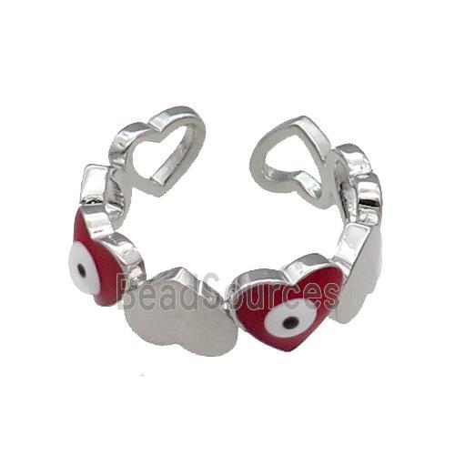 Copper Heart Ring Red Enamel Evil Eye Platinum Plated