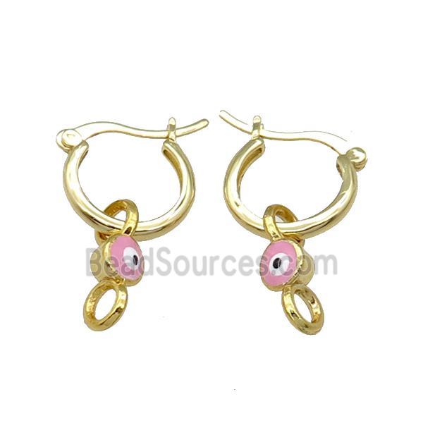 Copper Latchback Earring With Pink Enamel Evil Eye Gold Plated