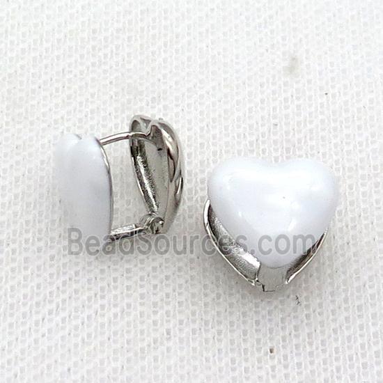 Copper Latchback Earring White Enamel Heart Platinum Plated