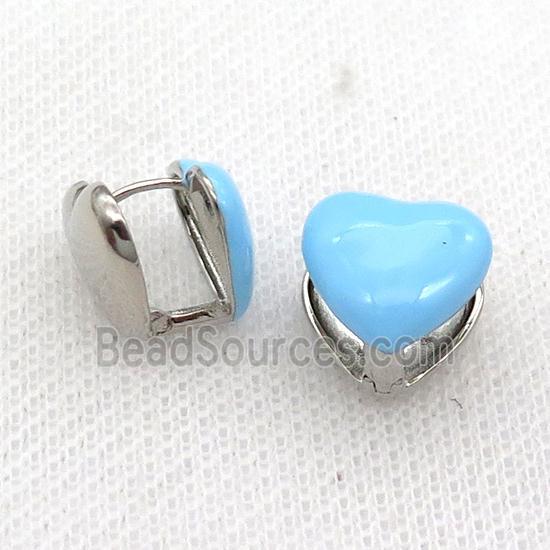 Copper Latchback Earring Blue Enamel Heart Platinum Plated