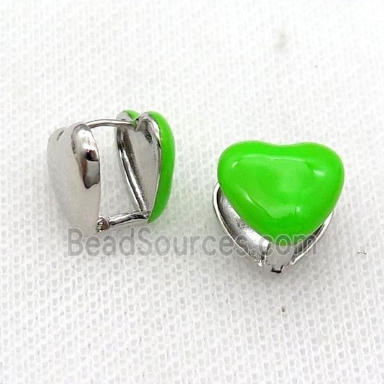 Copper Latchback Earring Green Enamel Heart Platinum Plated