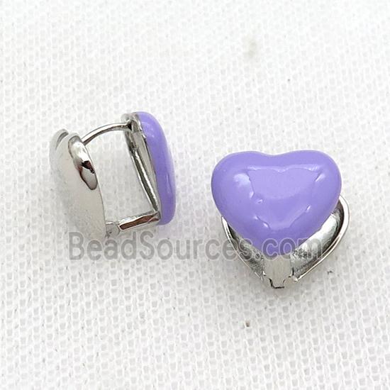 Copper Latchback Earring Lavender Enamel Heart Platinum Plated