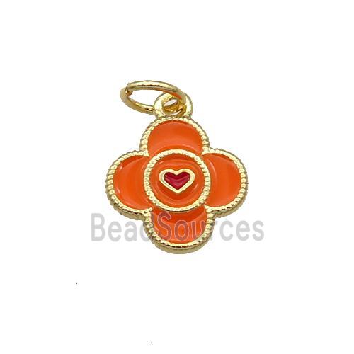 Copper Clover Pendant Orange Enamel Gold Plated