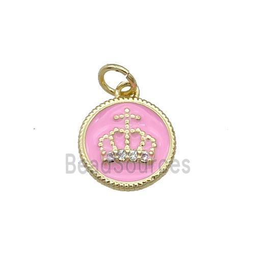 Copper Circle Crown Pendant Pink Enamel Gold Plated