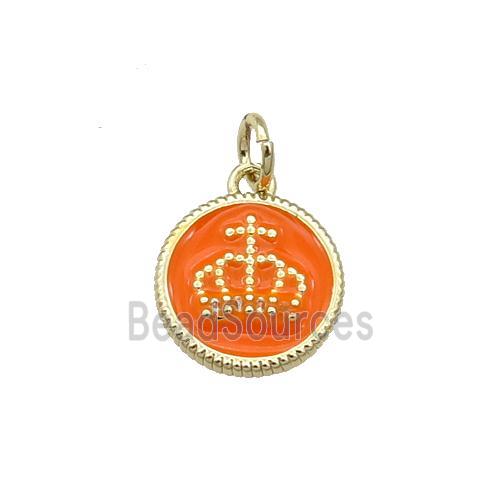 Copper Circle Crown Pendant Orange Enamel Gold Plated