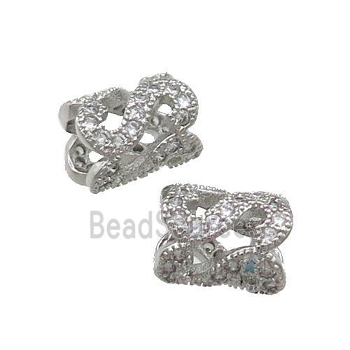 Copper Tube Beads Pave Zircon Large Hole Platinum Plated